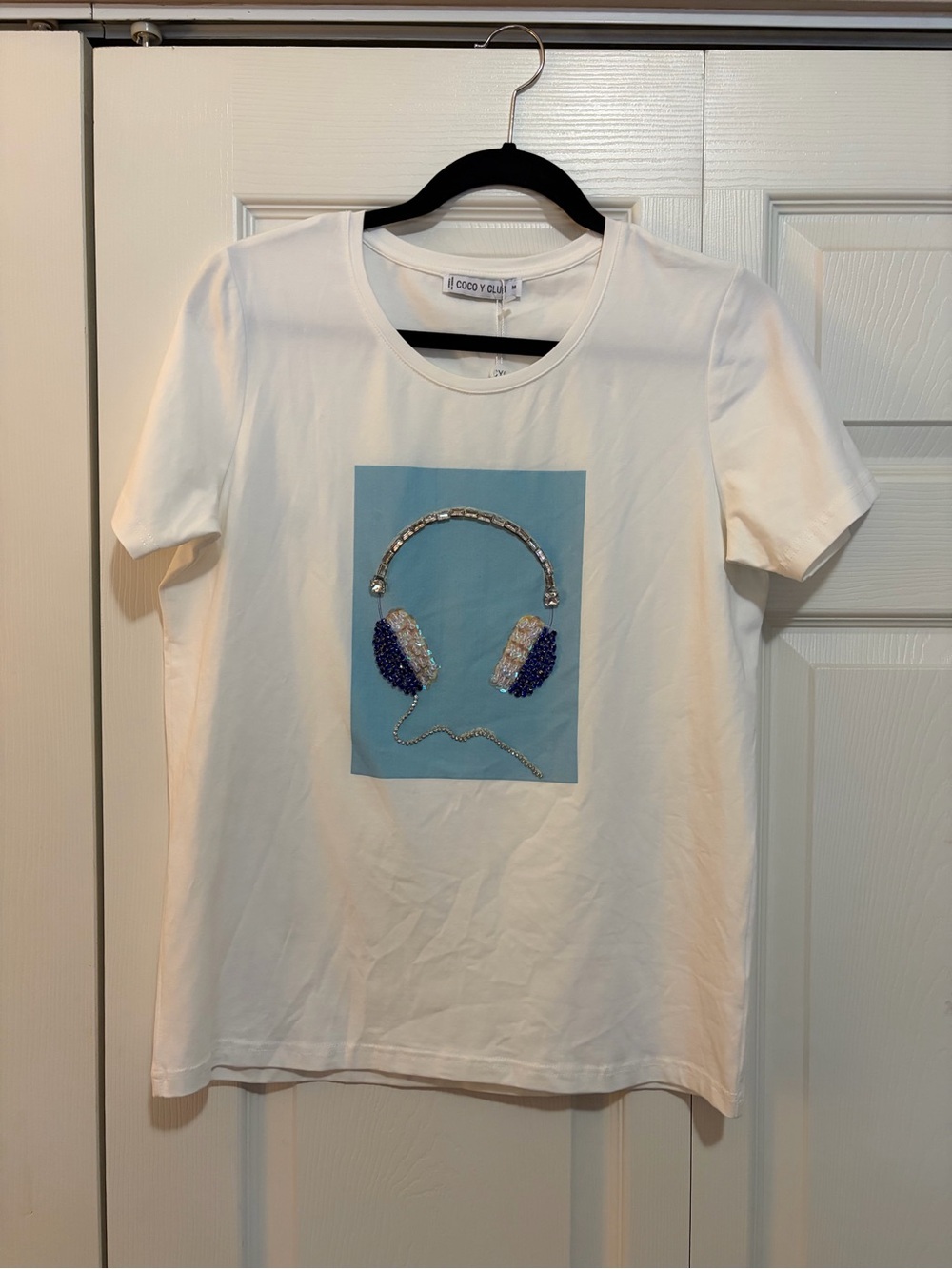 COCO Y CLUB Blue Headphone Jeweled Graphic Tee